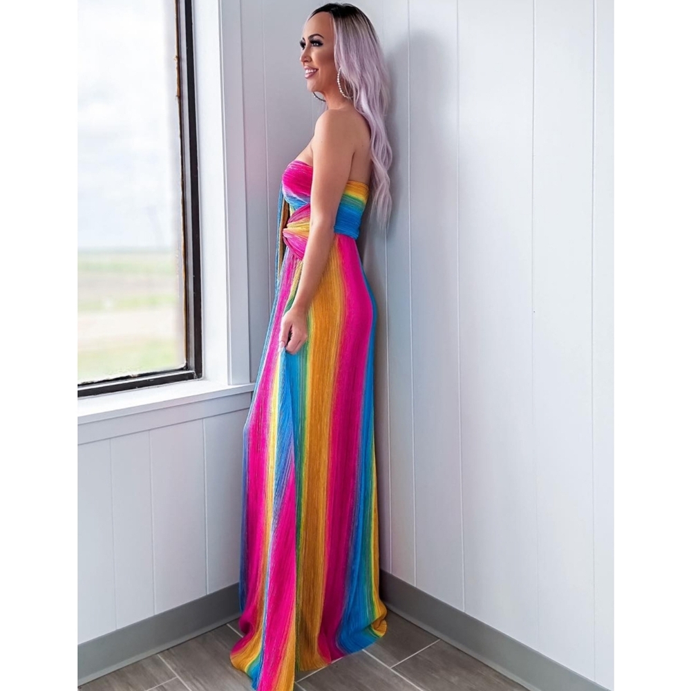 . Pretty Pop Super Colorful Rainbow Ribbed Flowy Halter Maxi Dress - Picture 4 of 9